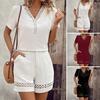 Damen Top Shorts Zweiteiliges Set Sommer V-Ausschnitt T-Shirts Shorts Atmungsaktiv Einfarbige Lässige Kurzarmhemden Kurze Hosen Anzug