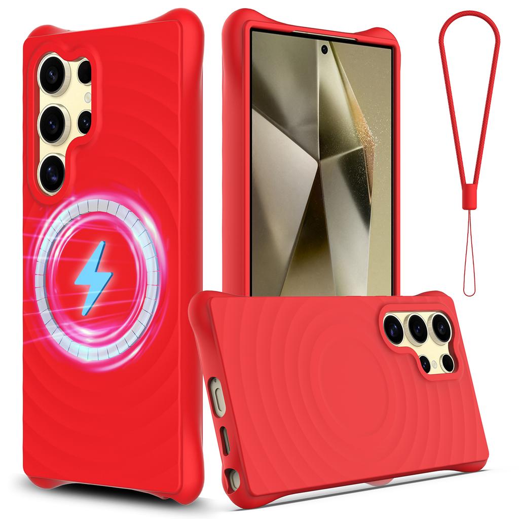 For Samsung Galaxy S25 Ultra Magnetic Case Ripple Texture Liquid Silicone Protective Cover with Strap