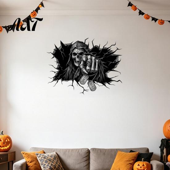 Window Display Decal Grim Reaper Wall Sticker, 3D Breaking Through Art Decal, Removable Sticker Scary Skull Mural for Home Bar Pub Halloween