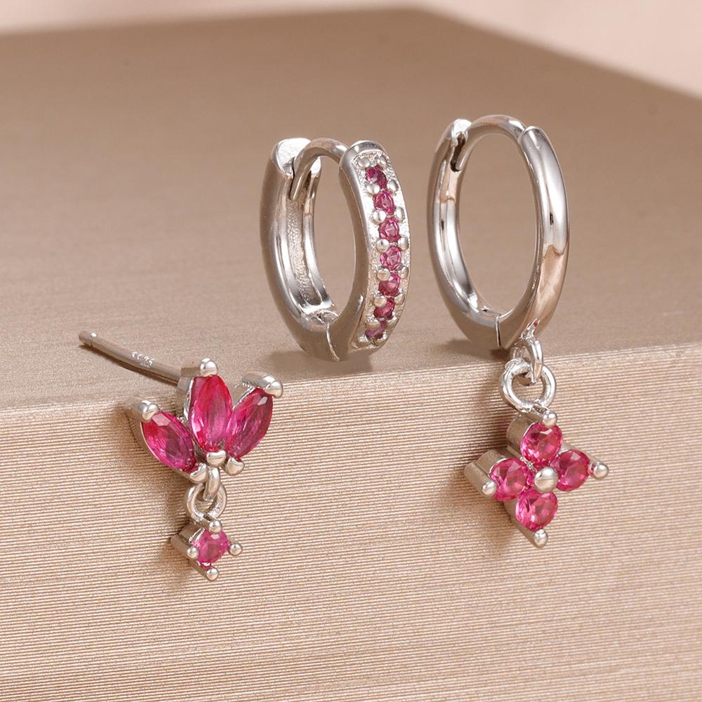 3-teiliges Modisches Orange Blau Zirkon Hängende Ohrringe Set für Damen Edelstahl Blume Dangle Ohrring Piercing Schmuck