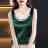 Women's Satin Tank Top - Pearl Embellished U-Neck Sleeveless Blouse