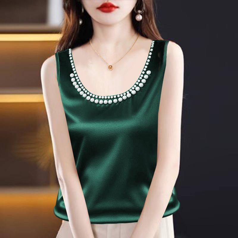 Women's Satin Tank Top - Pearl Embellished U-Neck Sleeveless Blouse