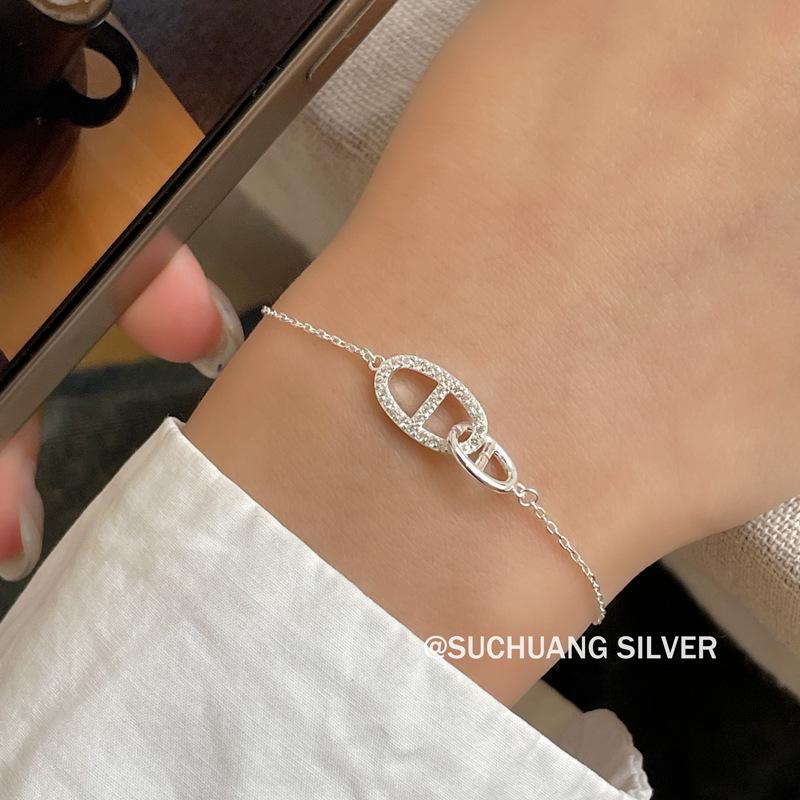 S925 Sterling Silver Diamond Pig Nose Bracelet for Women - Simple, Versatile, High-End Feel, Light Luxury