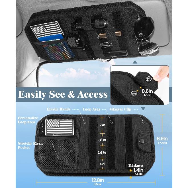 DEEPLITE Organizer na osłonę przeciwsłoneczną do samochodu Z podwójnym zamkiem Wielokieszeniowy i Klips na okulary, Półsztywny Panel Molle z naszywką na niezbędne rzeczy do jazdy - Ciężki