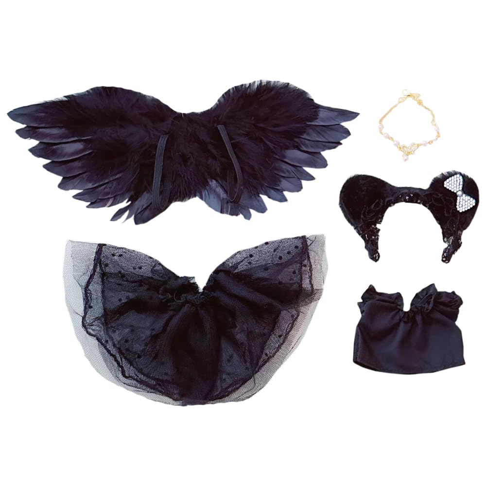 

niannyyhouse Plush Clothes Set, Angel and Devil Design, for 15-17cm Plush Dolls, Includes Headwear, Wings, Shirt, Skirt, and Accessories, 5-Piece Set