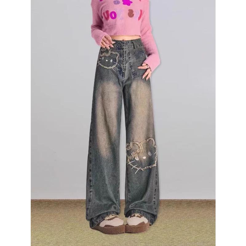 

Women s High-Waist Retro Cartoon Cat Embroidered Wide-Leg Jeans L