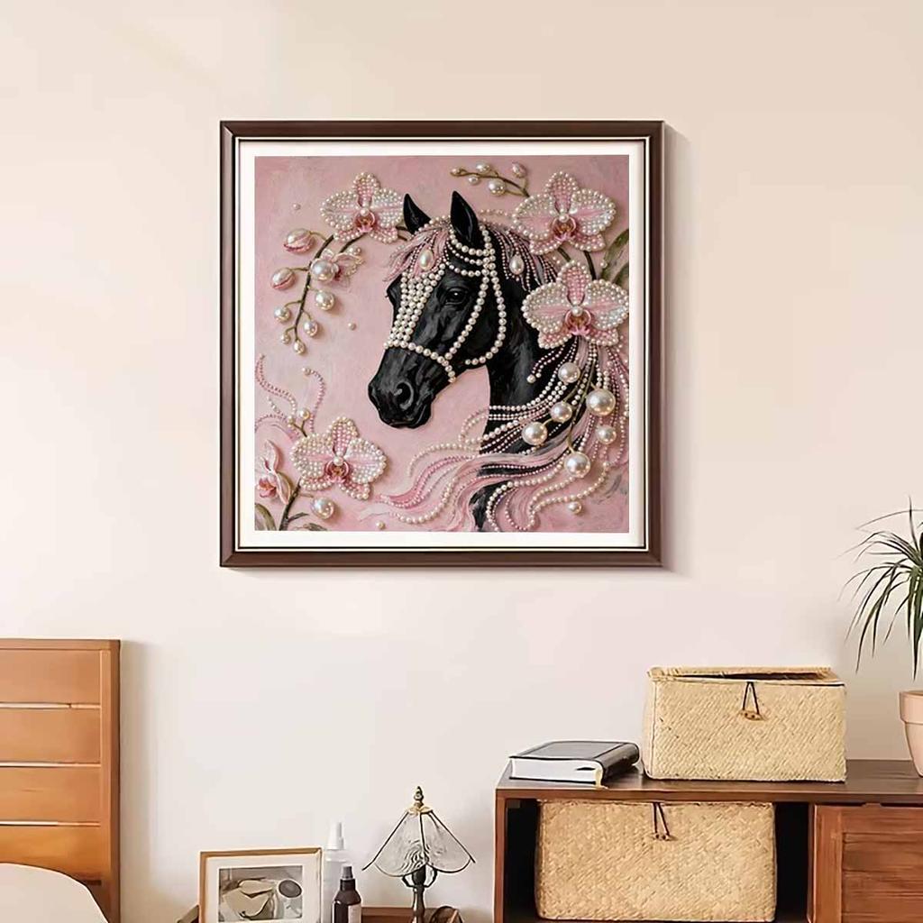 Black Horse Full 5D DIY Pearl Gem Art Diamond Painting Kits for Adults/Beginners Gift Idea Home Decor 11.81x11.81in