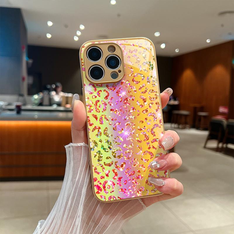 

Премиальный стеклянный чехол с гальваническим покрытием для iPhone 17, 16, 15, 14, 13, 12, 11pm Pro Plus. Переливающийся леопардовый принт золото. iPhone 11 Pro Max