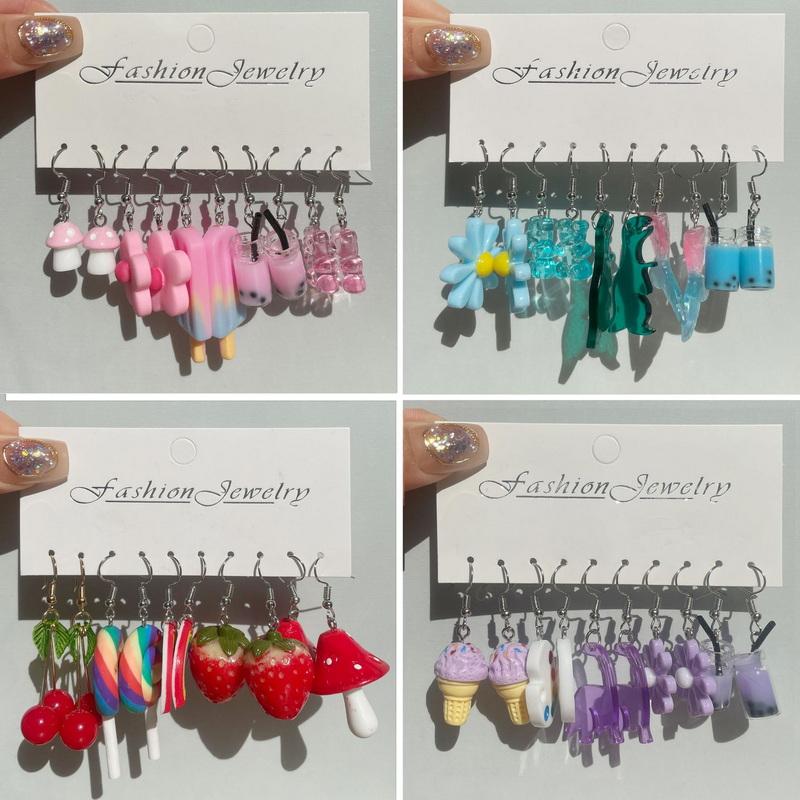 5pcs Fruit Candy Hoop Earrings Set for Women Cute Cartoon Pendant Piercing Ear Stud Drop Dangle Earring 2024 Jewelry Accessories