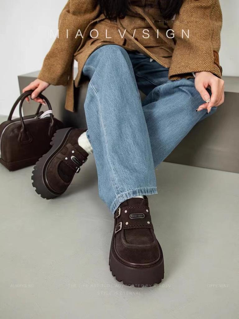Vintage Maillard thick-soled round head deep-mouth single shoes women's 2025 winter new versatile height-increasing college style loafers