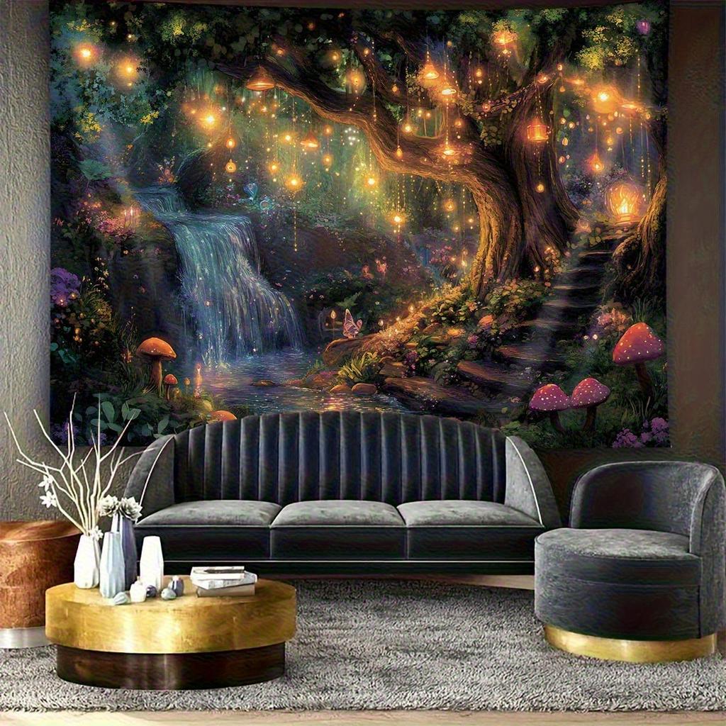 Verzauberter Wald mit leuchtenden Laternen Wasserfall und Pilzen Wandteppich 2D Flachdruck Fantasy Kunst Natur Dekor Boho Stil