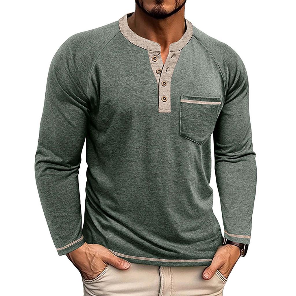 Men's Button Lapel Colored Cotton Long Sleeved Base Men's Top