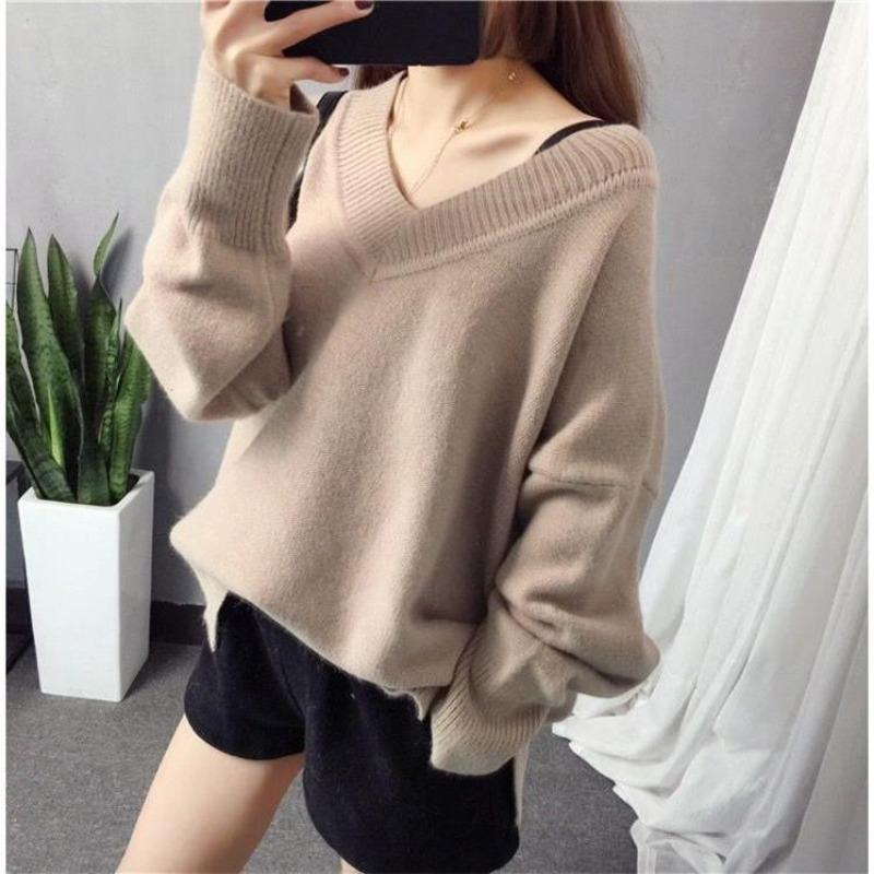 Casual V-neck Loose Pullover Knitted Women Sweater Autumn and Winter Fashion Bottoming Shirt Elegant Office Ladies Long Sleeve Sweater Solid Color Top