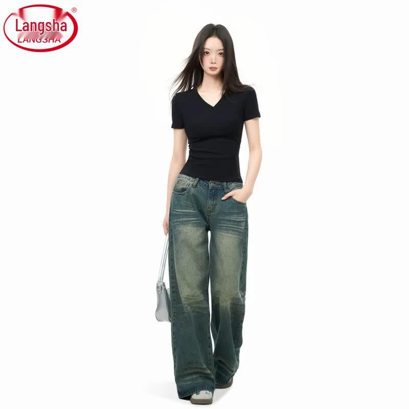 Langsha Women s Slim Fit V-neck Basic Short Sleeve T-shirt XL