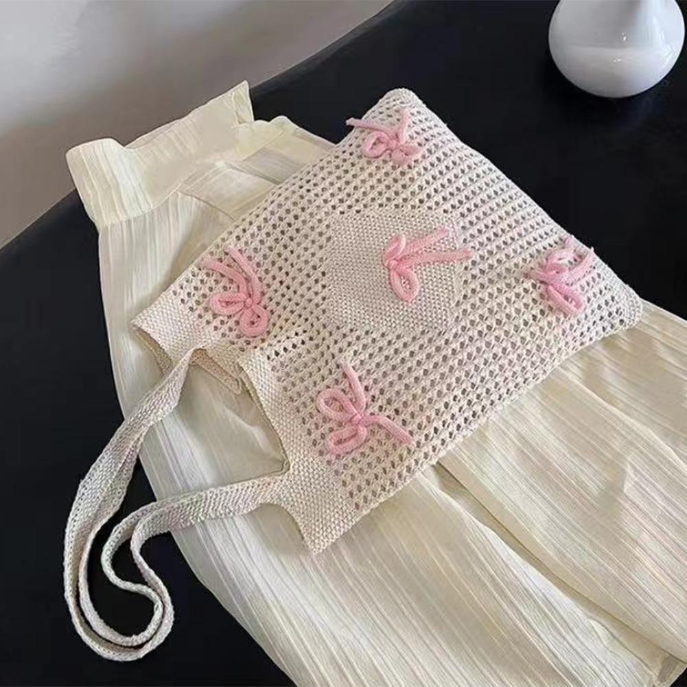 Women Bowknot Crochet Tote Bag Hollow Out Retro Bow Woven Bag Casual Knitted Bow Beach Bag Cute Shoulder Bags for Summer Travel