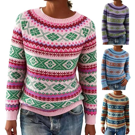 Dame Sweater Rund Hals Langærmet Patchwork Farve Pullover Toppe Løstsiddende Efterår Vinter Strik Toppe Strikvarer