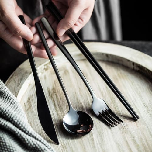 Hive Mind Nordic Style Cutlery Assortment Set (4 Pieces): Spoon, Fork, Knife, and Chopsticks