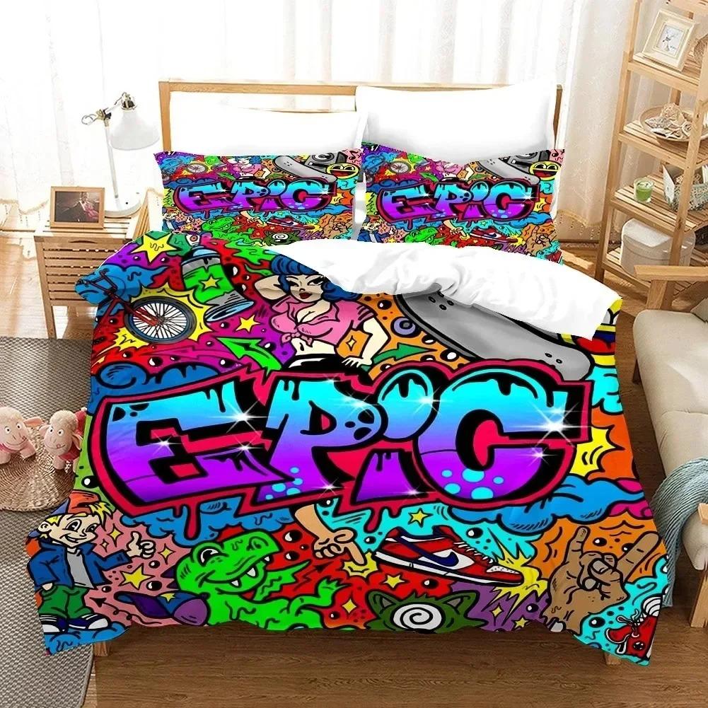 Comforter Cartoon Style Hip-Hop Graffiti Bedding Set 3D Printed Suitable For Bedroom Kids Home Textile