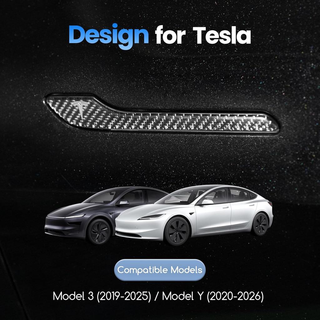 Polwlamks 4 Pack Door Handle Cover Fits Model Y/Model 3, Real Carbon Fiber 3D Handle Cover Sticker, Tesla Door Handle Protector Wrap Covers with 3M