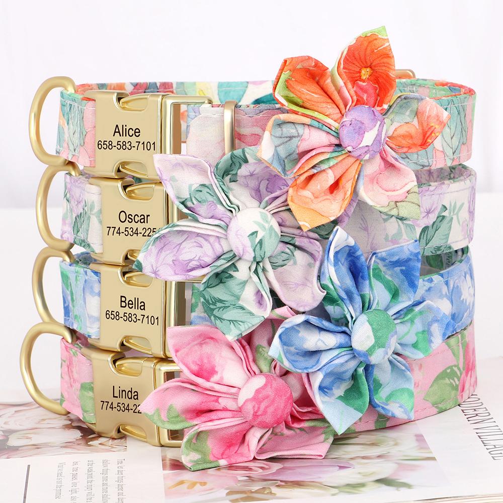 

Персонализированный ошейник для собак из нейлона с принтом, пряжка для собак, бесплатная гравировка, ошейник для домашних животных с цветком для маленьких и больших собак S синий