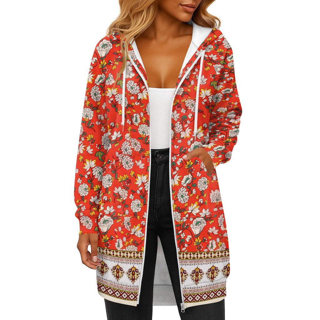 Women's Fashionable Printed  Long Sleeved Drawstring Hooded Zipper Pocket Long Casual Sweatshirt Jacket