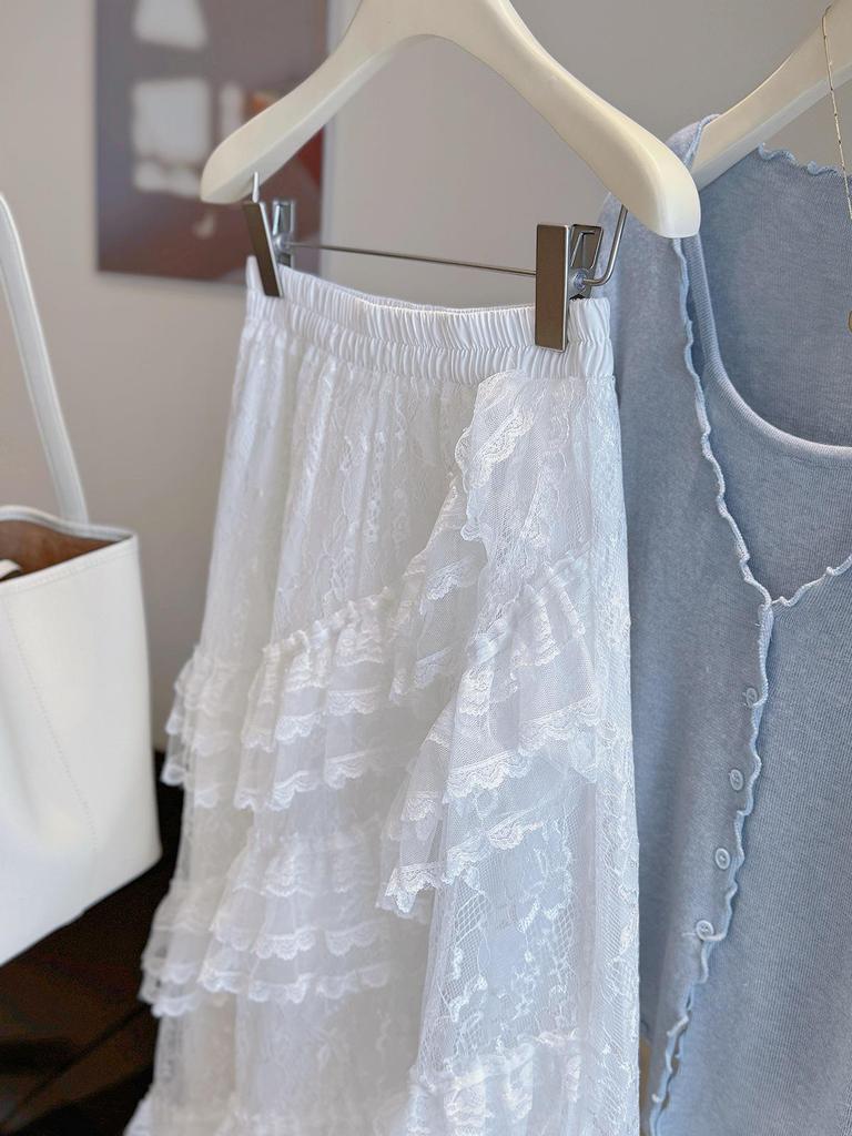 Women's Summer 2025 High Waist Lace A-line Skirt - Irregular Mid-length Drapey Design