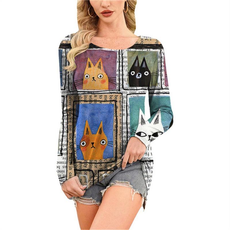 Модная удобная универсальная женская футболка с принтом мультяшного кота с круглым вырезом — фото 17