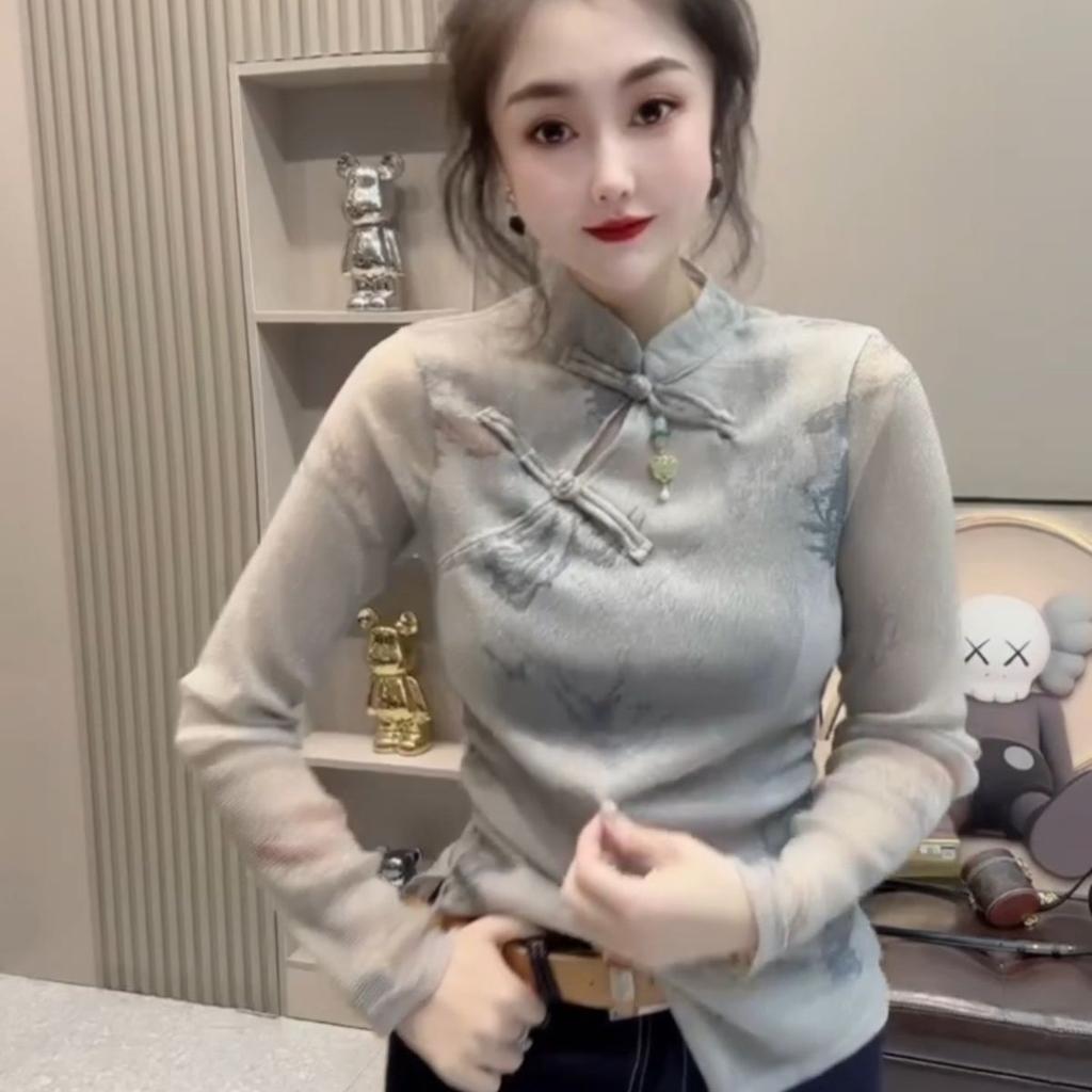 Spring Design Stand Collar Tie-dye Shirt New Long-sleeved T-shirt Women's Slim New Chinese Style Top