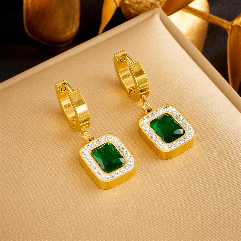 Stainless Steel Square Green Crystal Zircon Pendant Necklace Earrings Bracelet Jewelry Set for Women Gifts
