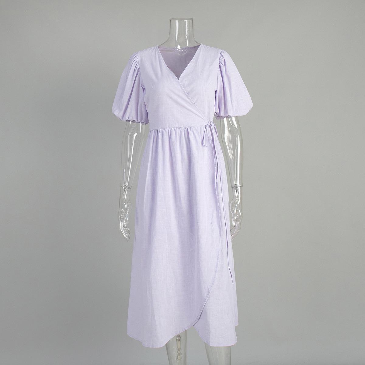 Women s 100% Cotton Tie-Waist Puff Elbow-Sleeve Maxi Dress, Spring Summer New Arrival, European & American Style Long Dress S фиолетовый