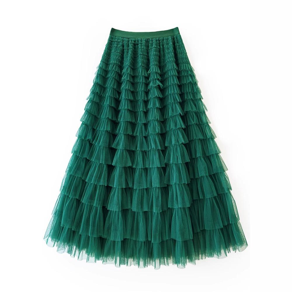 Women's Elastic Waist A‑Line Maxi Tulle Skirt Fresh Sweet Tiered Cake Long Skirt