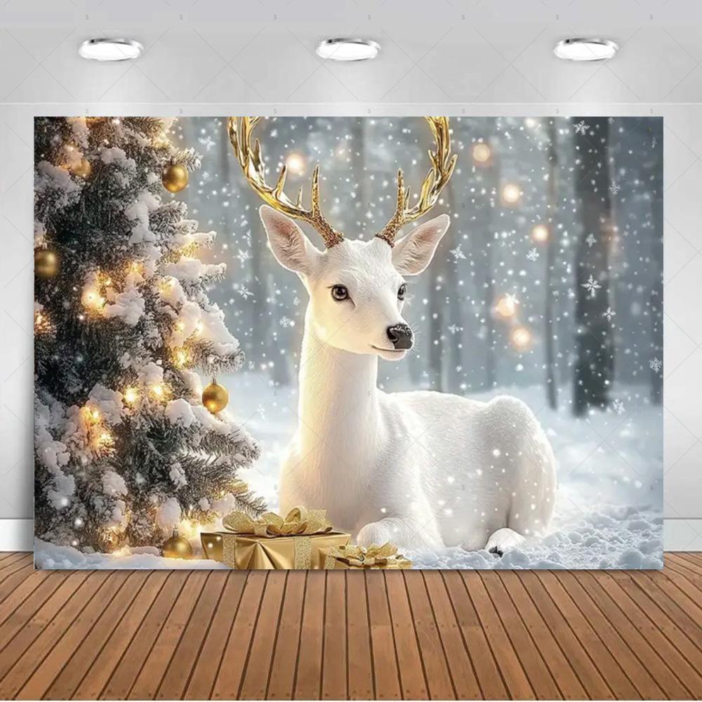 White Christmas Snow Scenery Background Xmas Tree Garland Gifts Photography Backdrop Family Xmas Party Decoration Photo Studio