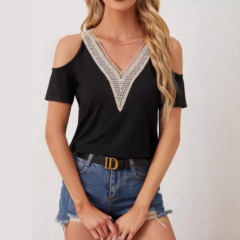 Women's Elegant Lace V-neck Applique Sleeve Hollow Short Sleeve Loose Solid Colour Slim T-shirt