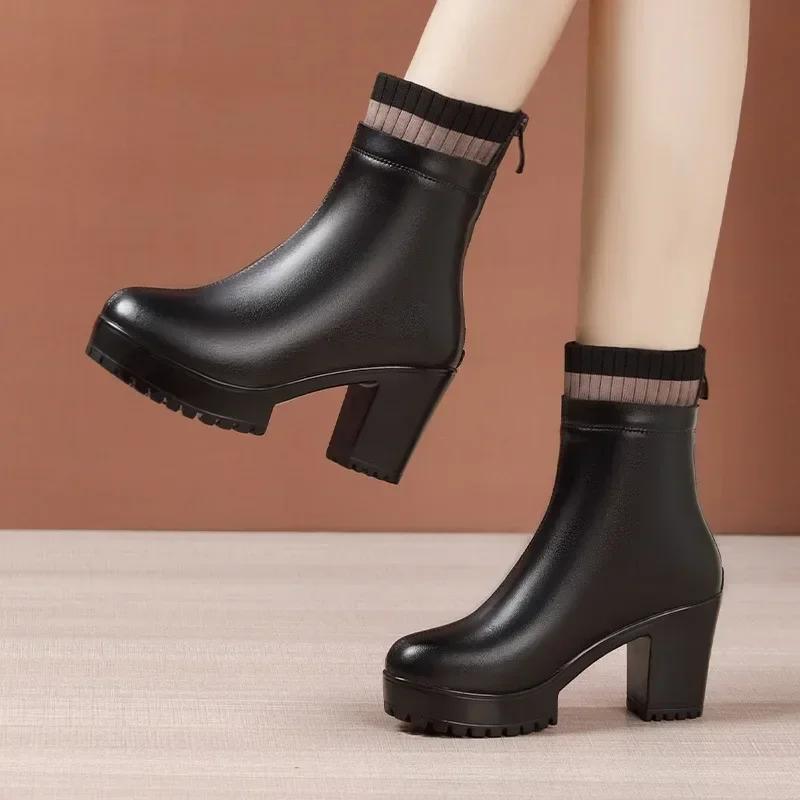 8cm 10cm Small Size 32-43 Stretch Sock Boots Genuine Leather Shoes 2025 Winter Block High Heels Platform Ankle Boots Office Mom 32 4357₽