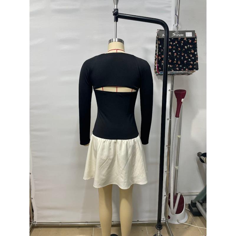 Elegant Fashion Square Collar Splicing A Line Short Dress New Long Sleeve Slim Fit Sexy Party Dress Women Vintage Party Club Sweet Dresses 2683