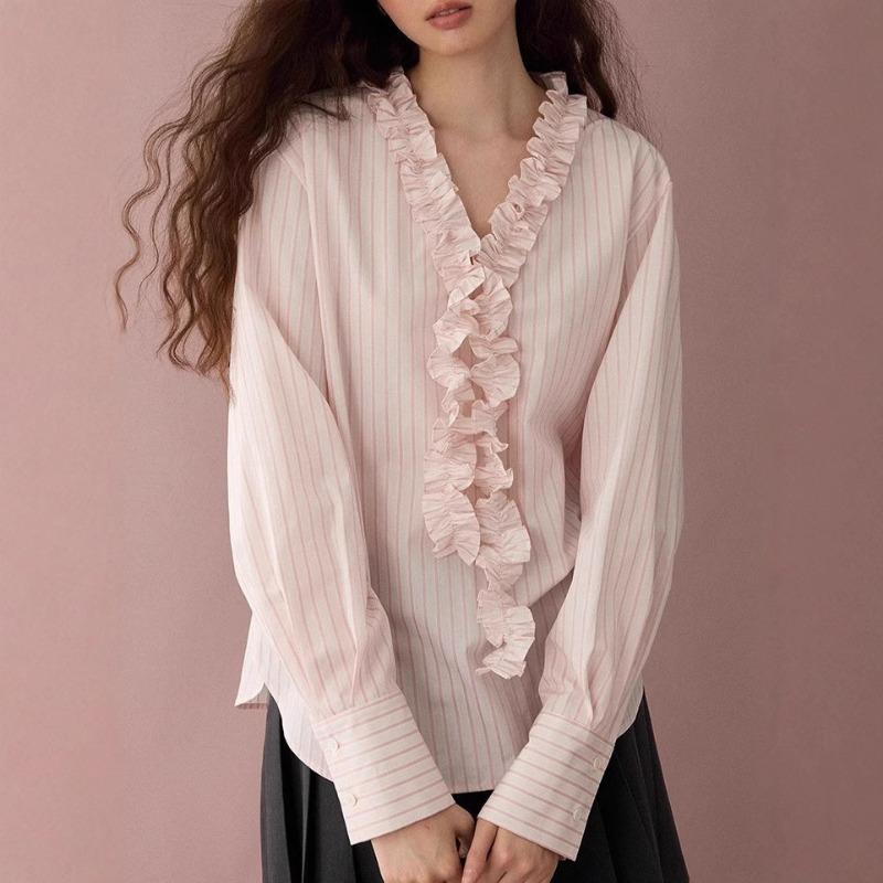 Полосатая Хлопковая Свободная Кружевная Полосатая Рубашка Весна Новая Повседневная Универсальный Топ S розовый