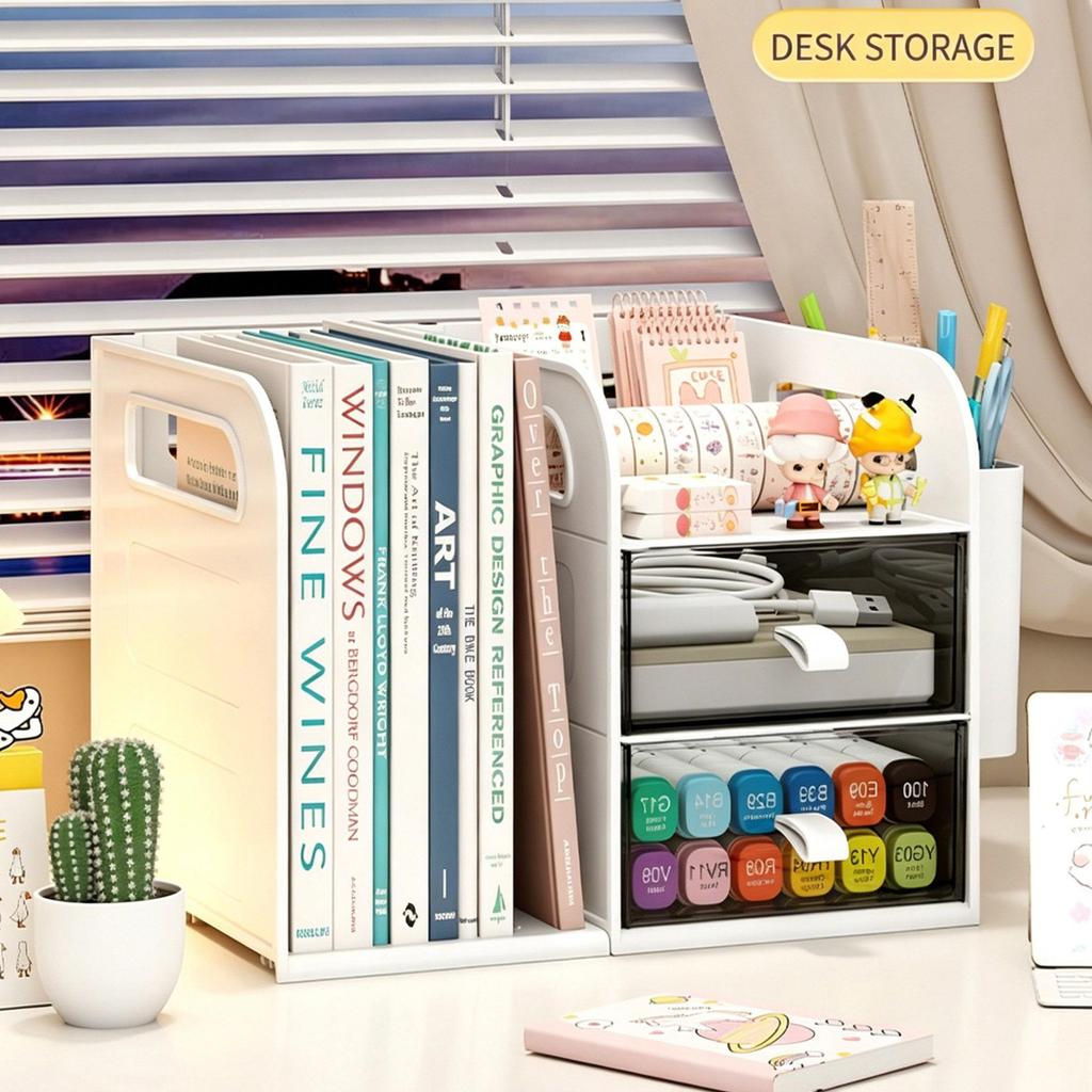 Desktop Bookshelf Organizer with Drawers and Pen Holder Desk Storage Caddy for Office Supplies Books Stationery Home Office School Dorm Desk Organizer