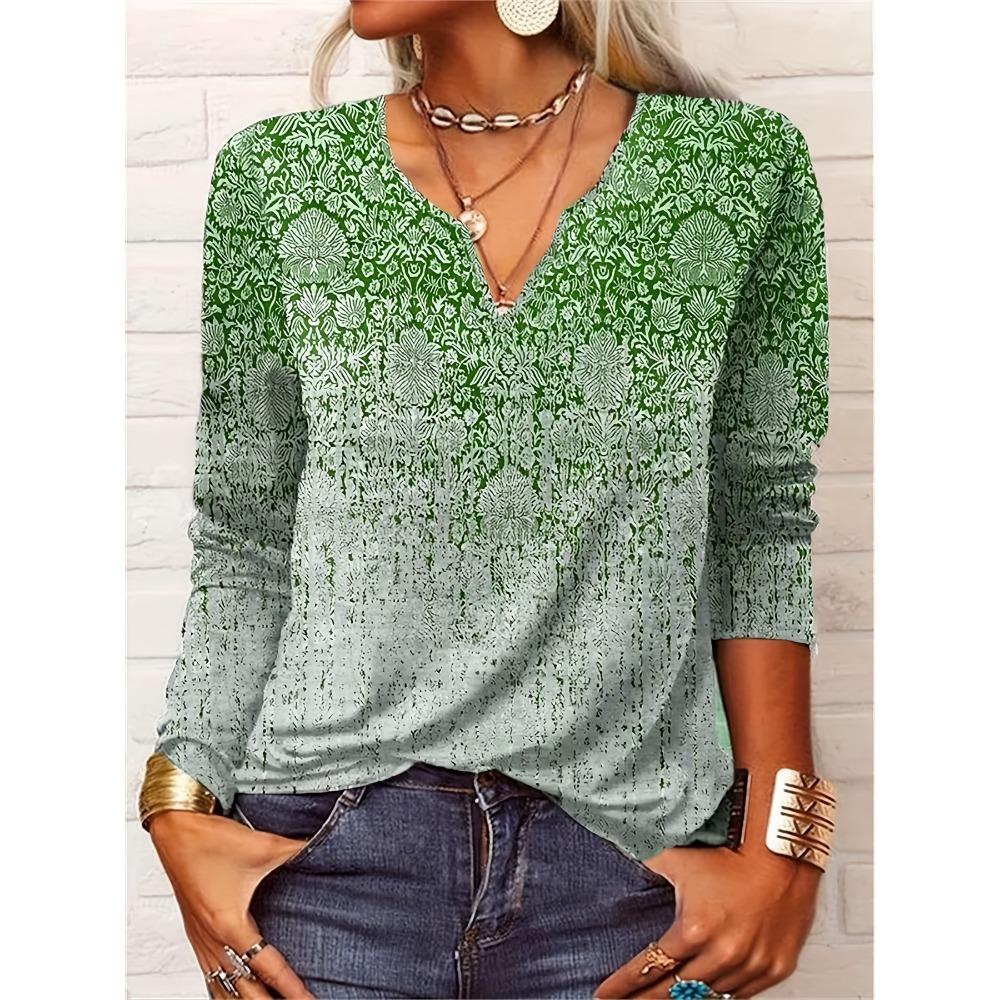 GMXIA Autumn Loose Long Sleeve Flower Bold V-neck T-shirt Base for Women