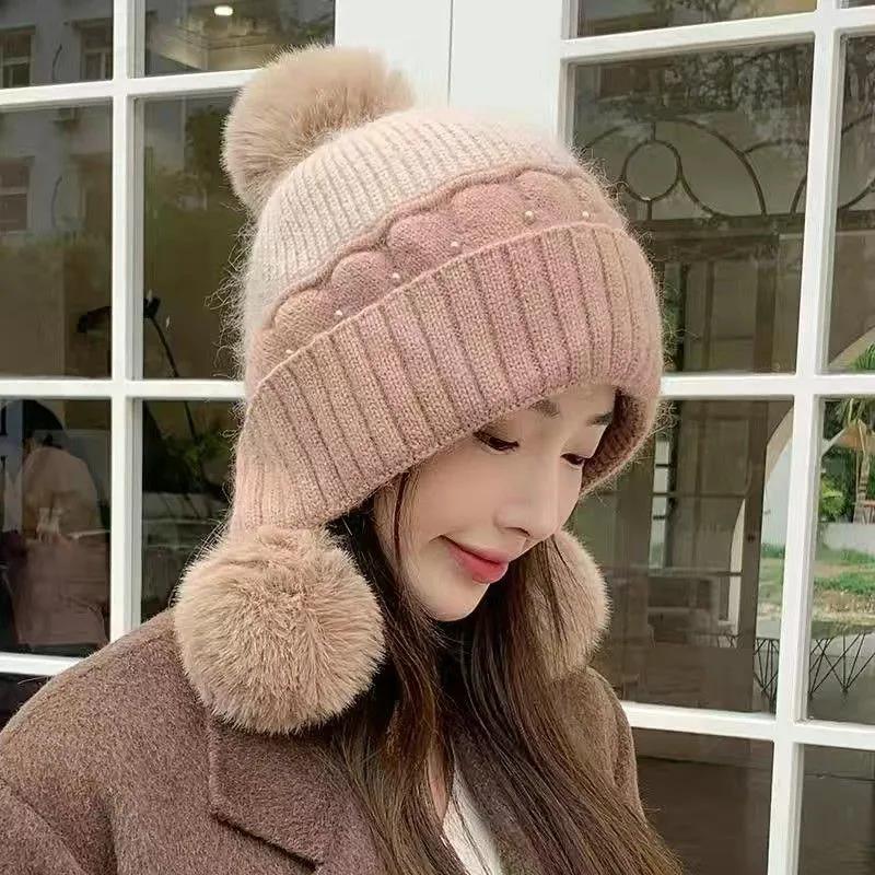 WTEMPO Large Size Windproof Cold-proof Stretchy Warm Knitted Hats with Faux Fur Balls Women Autumn Winter Casual Versatile Ear Protection Woolen Hats