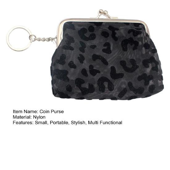 Kiss-lock Coin Purse for Girls Women, Mini Nylon Change Wallet with Keychain, Cute Sheer Leopard Print Coin Pouch for Cash Key