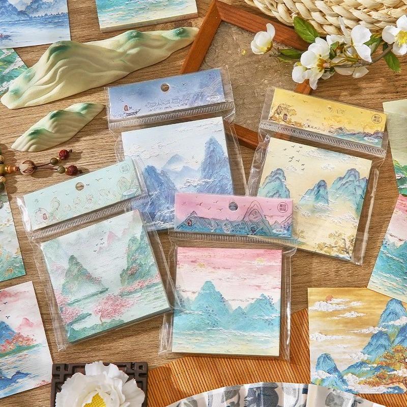 90 Sheet Retro Chinese Style Memo Pad Vintage Landscape Scrapbooking Memo Pad Lovely Sticky Note Scrapbooking Material
