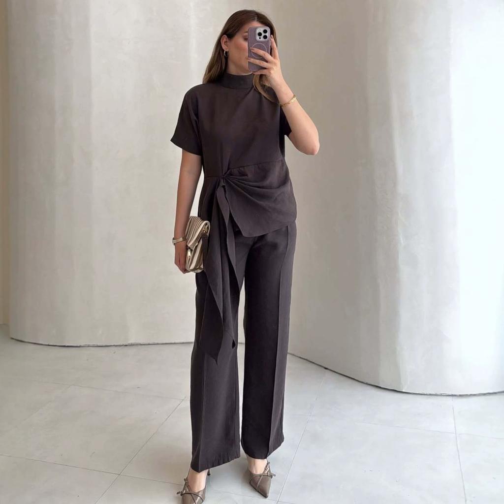 European and American Cross-border Amazon Independent Station Spring and Autumn New Short-sleeved Stand-up Collar Streamer Top Straight Trousers Set