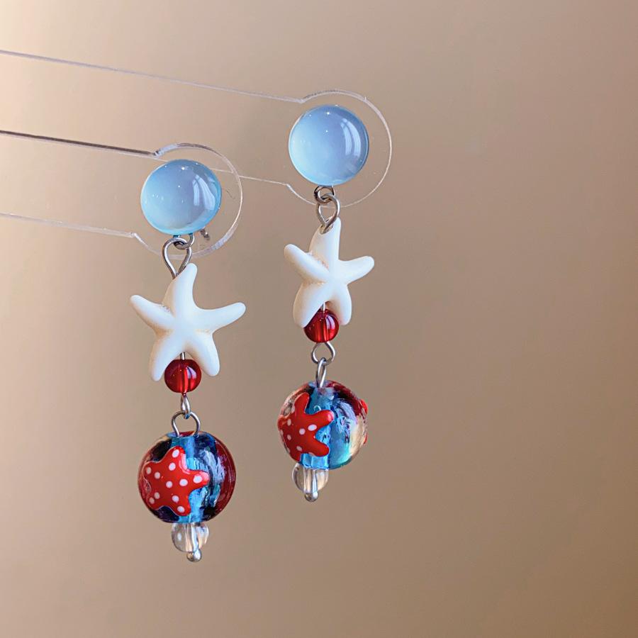 New blue flower fringed earrings, fresh niche design studs, women's summer vacation earrings