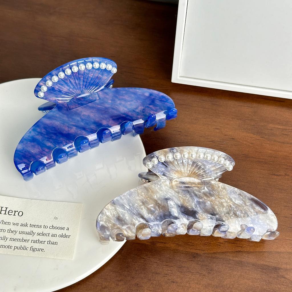 Trendy Large Acetate Hair Claw Clip With Beautiful Shell And Embellishments Pearl
