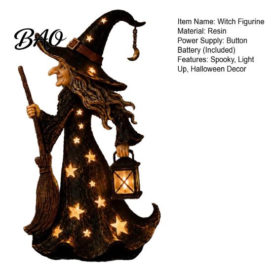 Halloween Party Props Witch Lamp, Light Up Figurine with Broom And Lantern, Collectible Statue Spooky Gothic Resin Night for Tabletop Indoor