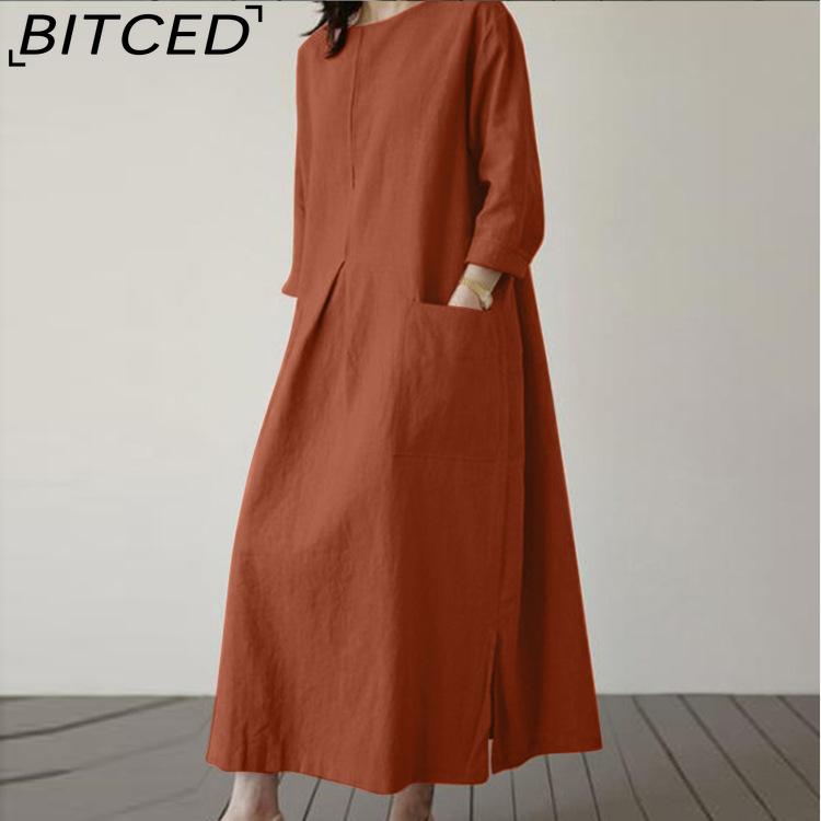 BITCED Women Casual Cotton Long Dress O-Neck 3/4 Sleeves Casual Dresses