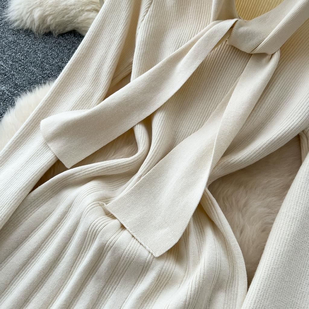 Autumn Winter Women Elegant Bowtie Collar Knitted Office Work Midi Sweater Dress