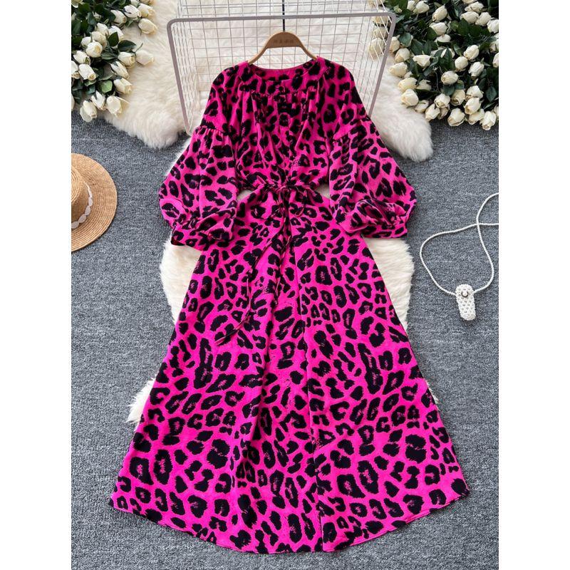 French Style Retro Minority Print Dress Female 2024 Autumn Lace-up Waist-Controlled round Neck Lantern Sleeve Slimming Long Dress