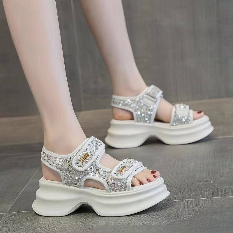 Velcro Sports Sandals Women's 2025 New Summer Lightweight Platform Versatile Sequins Roman Shoes Non-slip Beach Shoes