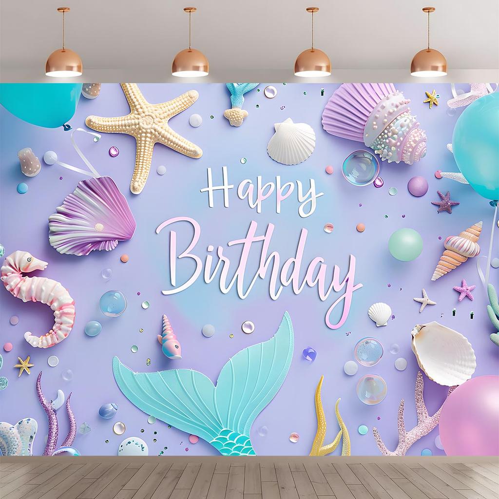 1 Piece Happy Birthday Beauty Fish Tail Seahorse Sea Star Shell Coral Background Banner Background Prop Wall